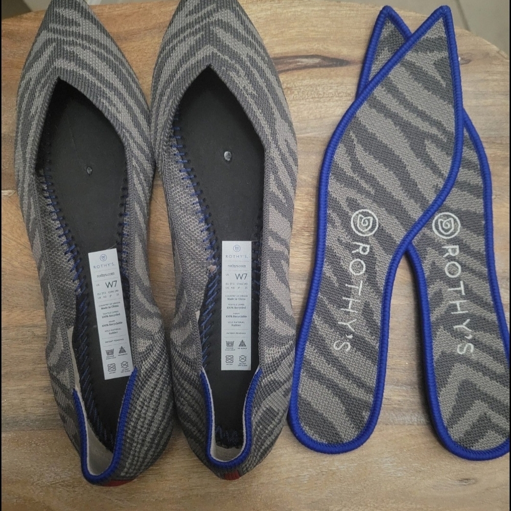 Rothy's Gray Zebra Pointed Toe Flats with Blue Trim - Picture 2 of 4
